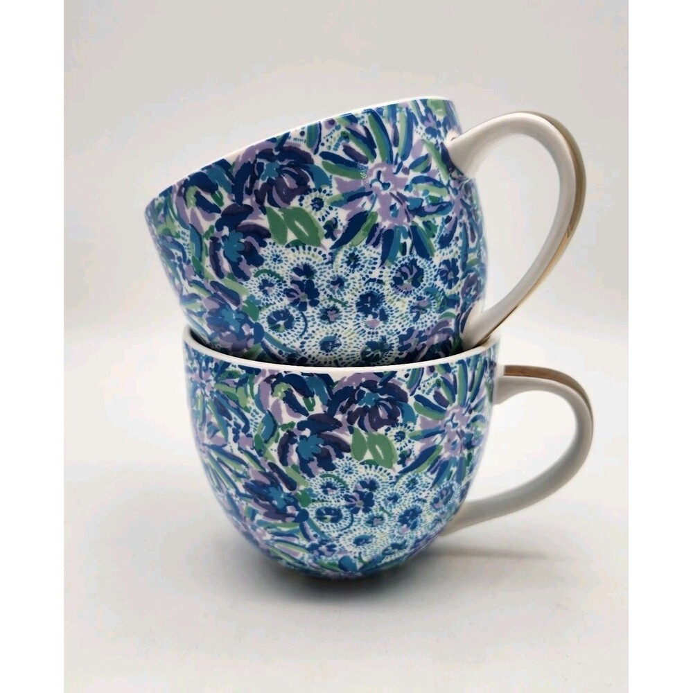 Lilly Pulitzer Hidden Lions Coffee Cup Set  Floral Blue Green Purple Gold Trim